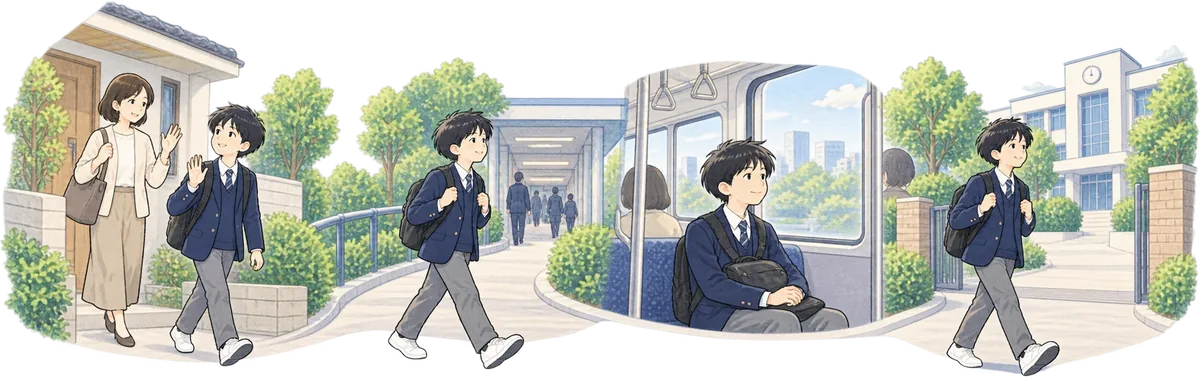 家から駅、電車、校門まで移動する朝の通学の流れ