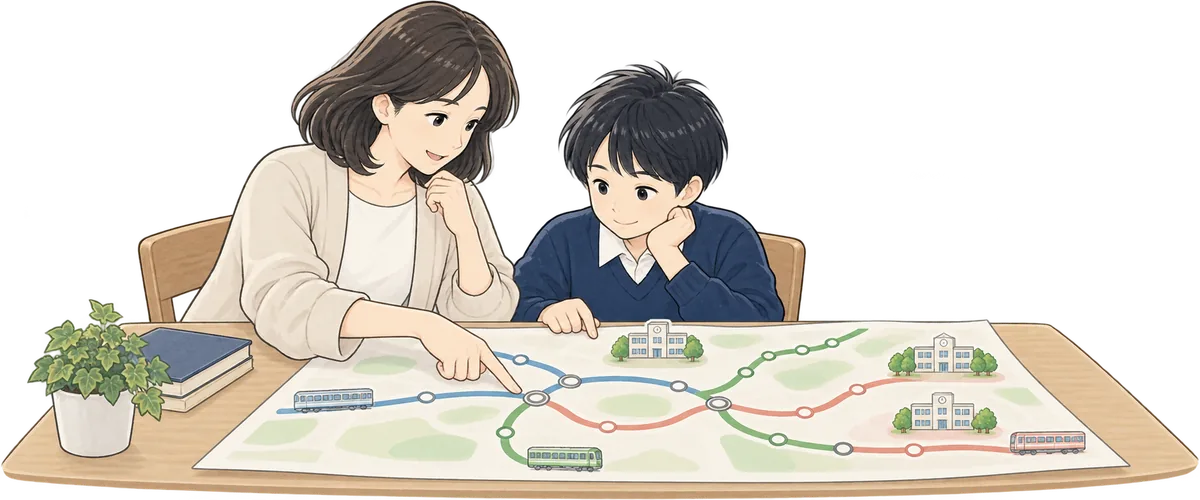 親子が簡略な路線図を見ながら学校への通学経路を比べるイラスト